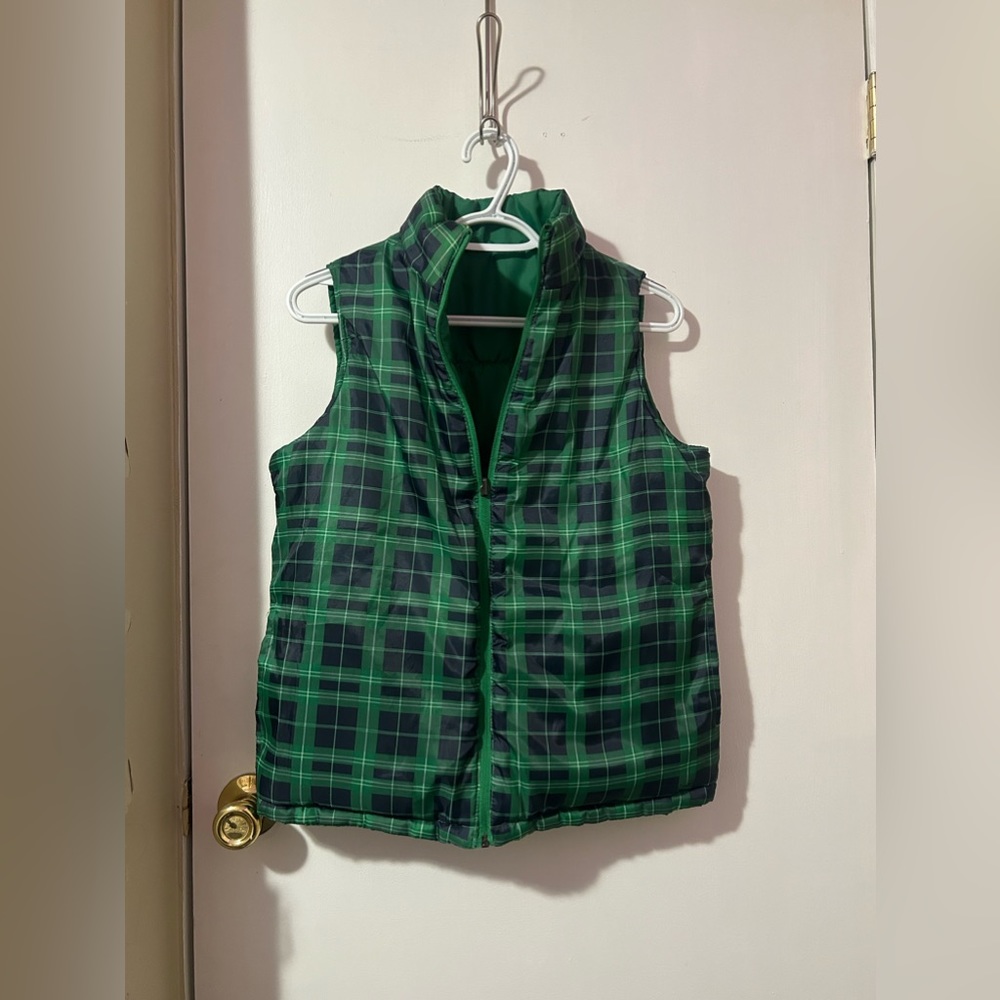 Green Reversible Plaid Puffer Vest With Pockets